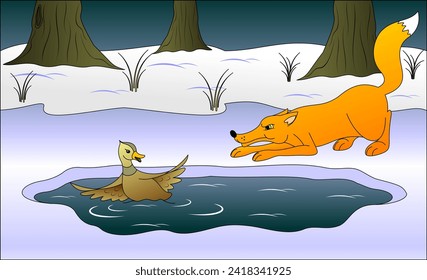 fairy tale characters duck and fox on a freezing pond