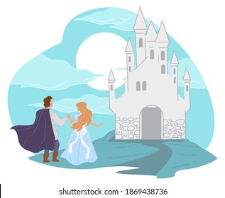 Fairy tale characters and fantasy castle with tall towers. Happy end of stories for children. Kingdom of prince. Happy princess in love with boy. Hugging man and woman by fort. Vector in flat style