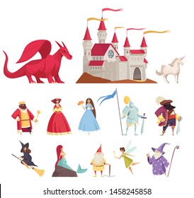 Fairy tale characters icons set with dragon and princess flat isolated vector illustration