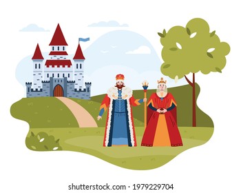 Fairy tale characters of medieval king and queen in landscape with castle, flat vector illustration isolated on white background. Middle ages european king and queen.