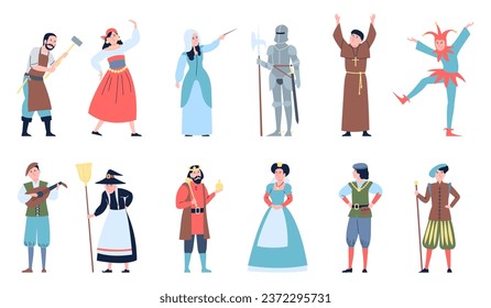 Fairy tale characters. Medieval kingdom citizens, queen and king, knight in armor. Magic witch and dancers, actors and musician recent vector set