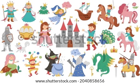 Fairy tale characters and objects collection. Big vector set of fantasy princess, king, queen, witch, knight, unicorn, dragon. Medieval fairytale castle pack. Cartoon magic icons with frog prince