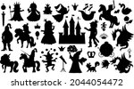 Fairy tale characters and objects silhouettes collection. Big black and white vector set of fantasy princess, king, queen, knight, unicorn, dragon. Medieval fairytale castle shadows pack