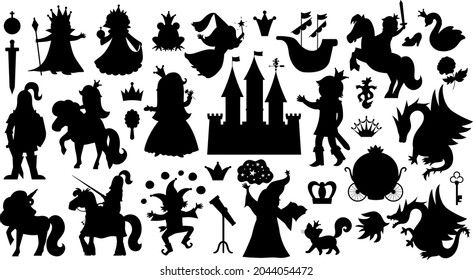Fairy tale characters and objects silhouettes collection. Big black and white vector set of fantasy princess, king, queen, knight, unicorn, dragon. Medieval fairytale castle shadows pack