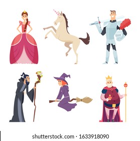 Fairy tale characters. Queen wizard fantasy mascot kingdom boys girls animals vector cartoon pictures