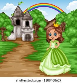 Fairy Tale Characters and Scene. Beautiful Princess Wearing Green Dress and Crown in front of an Old Castle. Cartoon Vector Illustration