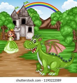 Fairy Tale Characters and Scene.  Beautiful Princess Wearing Green Dress and Crown and  a Green Dragon in front of an Old Castle. Cartoon Vector Illustration