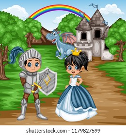 Fairy Tale Characters and Scene. Knight in Armor and Helmet Holding Sword and Shield, Beautiful Princess Wearing Blue Dress and Crown in front of an Old Castle with a Blue Dragon. Cartoon Vector Illus