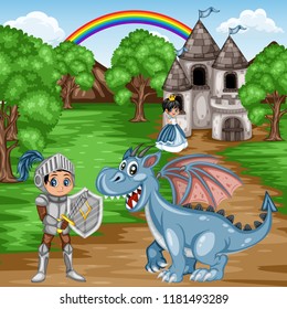 Fairy Tale Characters and Scene. Knight in Armor and Helmet Holding Sword and Shield with a Blue Dragon, Beautiful Princess Wearing Blue Dress and Crown in front of an Old Castle. Cartoon Vector Illus