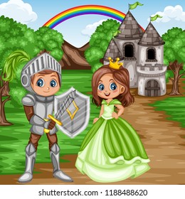 Fairy Tale Characters and Scene. Knight in Armor and Helmet Holding Sword and Shield, Beautiful Princess Wearing Green Dress and Crown in front of an Old Castle. Cartoon Vector Illustration