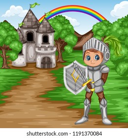Fairy Tale Characters and Scene. Knight in Armor and Helmet Holding Sword and Shield in front of an Old Castle. Cartoon Vector Illustration