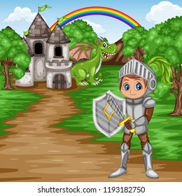 Fairy Tale Characters and Scene. Knight in Armor and Helmet Holding Sword and Shield  in front of an Old Castle with a Green Dragon. Cartoon Vector Illustration