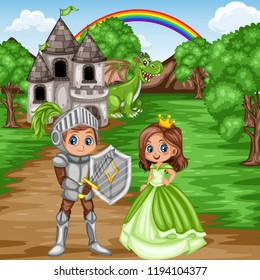 Fairy Tale Characters and Scene. Knight in Armor and Helmet Holding Sword and Shield, Beautiful Princess Wearing Blue Dress and Crown in front of an Old Castle with a Blue Dragon. Cartoon Vector Illus