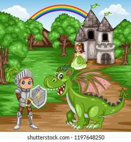 Fairy Tale Characters and Scene. Knight in Armor and Helmet Holding Sword and Shield with a Green Dragon, Beautiful Princess Wearing Green Dress in front of an Old Castle. Cartoon Vector Illus