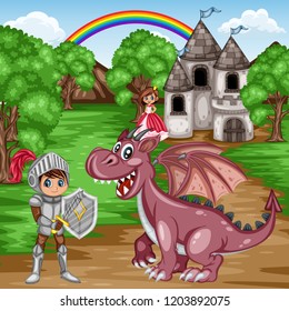 Fairy Tale Characters and Scene. Knight in Armor and Helmet Holding Sword and Shield, Beautiful Princess Wearing Pink Dress and Crown in front of an Old Castle with a Pink Dragon. Cartoon Vector Illus