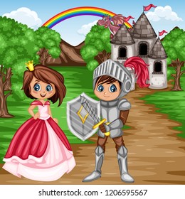 Fairy Tale Characters and Scene. Knight in Armor and Helmet Holding Sword and Shield, Beautiful Princess Wearing Pink Dress and Crown in front of Old Castle with a Pink Dragon. Cartoon Vector Illus