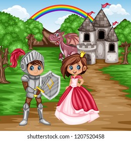 Fairy Tale Characters and Scene. Knight in Armor and Helmet Holding Sword and Shield, Beautiful Princess Wearing Pink  Dress and Crown in front of an Old Castle with Pink Dragon. Cartoon Vector 