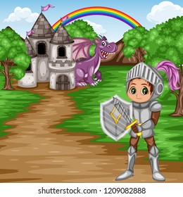 Fairy Tale Characters and Scene. Knight in Armor and Helmet Holding Sword and Shield  in front of an Old Castle with a Purple  Dragon. Cartoon Vector Illustration