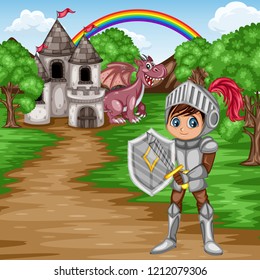 Fairy Tale Characters and Scene. Knight in Armor and Helmet Holding Sword and Shield  in front of an Old Castle with a Green Dragon. Cartoon Vector Illustration