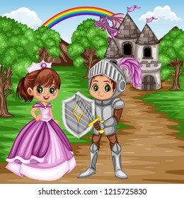 Fairy Tale Characters and Scene. Knight in Armor Holding Sword and Shield, Beautiful Princess Wearing Purple Dress and Crown in front of Old Castle with a Purple Dragon. Cartoon Vector Illustration