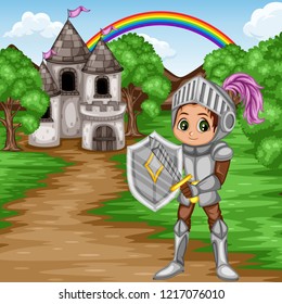 Fairy Tale Characters and Scene. Knight in Armor and Helmet Holding Sword and Shield in front of an Old Castle. Cartoon Vector Illustration
