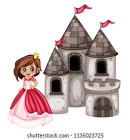 Fairy Tale Characters Set. Cute Smiling Princess Standing in Front of an Old Castle in a Pink Dress. Cartoon Character Isolated on White Background