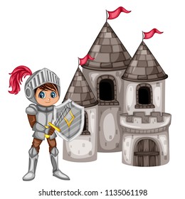 Fairy Tale Characters Set.  Cute Smiling Knight in Armor and Helmet Holding Sword and Shield on front of an Old Castle with Flags. Cartoon Character Isolated on White Background