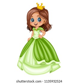 Fairy Tale Characters Set.  Cute Smiling Princess in a Green Dress. Cartoon Character Isolated on White Background
