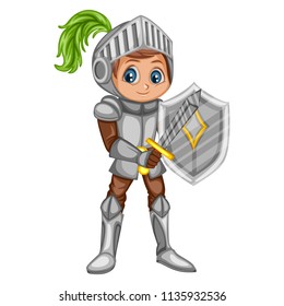 Fairy Tale Characters Set.  Cute Smiling Knight in Armor and Helmet Holding Sword and Shield. Cartoon Character Isolated on White Background