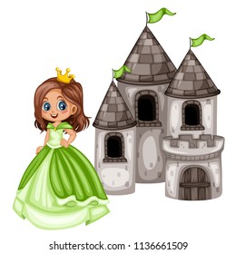 Fairy Tale Characters Set. Cute Smiling Princess Standing in Front of an Old Castle in a Green Dress. Cartoon Character Isolated on White Background