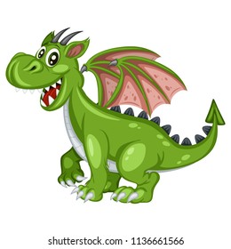 Fairy Tale Characters Set. Cute Happy Green Dragon. Cartoon Character Isolated on White Background