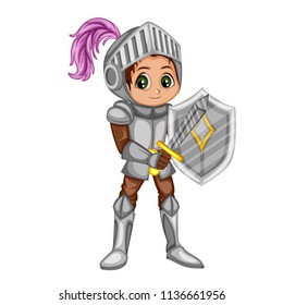 Fairy Tale Characters Set.  Cute Smiling Knight in Armor and Helmet Holding Sword and Shield. Cartoon Character Isolated on White Background