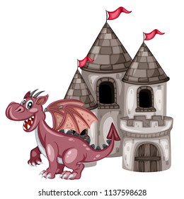 Fairy Tale Characters Set.  Cute Happy Dragon in front of an Old Castle with Flags Isolated on White Background