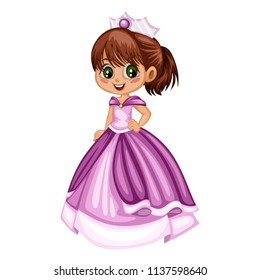 Fairy Tale Characters Set.  Cute Smiling Princess in a Purple Dress. Cartoon Character Isolated on White Background