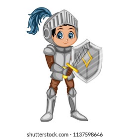 Fairy Tale Characters Set.  Cute Smiling Knight in Armor and Helmet Holding Sword and Shield. Cartoon Character Isolated on White Background