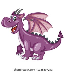 Fairy Tale Characters Set. Cute Happy Purple Dragon. Cartoon Character Isolated on White Background