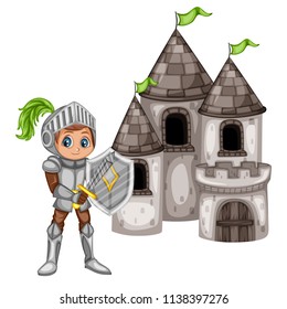 Fairy Tale Characters Set.  Cute Smiling Knight in Armor and Helmet Holding Sword and Shield on front of an Old Castle with Flags. Cartoon Character Isolated on White Background
