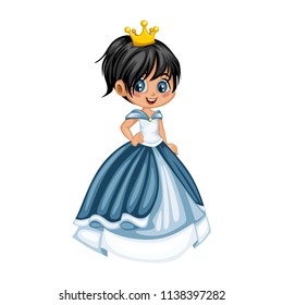 Fairy Tale Characters Set.  Cute Smiling Princess in a Blue Dress. Cartoon Character Isolated on White Background
