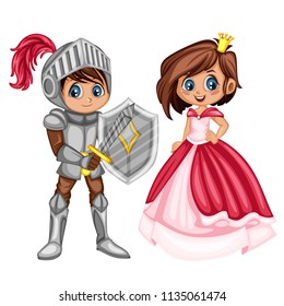 Fairy Tale Characters Set. Knight in Armor and Helmet Holding Sword and Shield Isolated on White Background