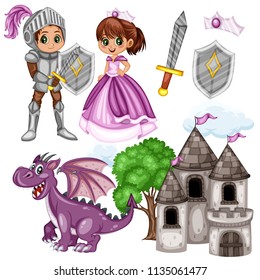 Fairy Tale Characters Set. Knight in Armor and Helmet, Beautiful Princess in Purple Dress, Dragon, Old Castle, Crown, Sword and Shield,  Isolated on White Background
