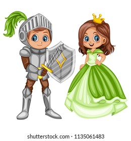 Fairy Tale Characters Set. Knight in Armor and Helmet and  Beautiful Princess in Green Dress Isolated on White Background