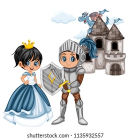Fairy Tale Characters Set. Knight in Armor and Helmet and  Beautiful Princess in front of Old Castle with a Dragon Isolated on White Background