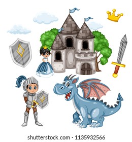 Fairy Tale Characters Set. Knight in Armor and Helmet, Beautiful Princess in Blue Dress, Dragon, Old Castle, Crown, Sword and Shield,  Isolated on White Background