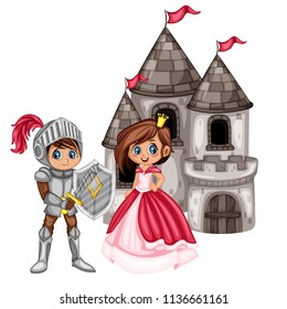 Fairy Tale Characters Set. Knight in Armor and Helmet and  Beautiful Princess in front of Old Castle  Isolated on White Background