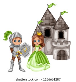 Fairy Tale Characters Set. Knight in Armor and Helmet and  Beautiful Princess in front of Old Castle  Isolated on White Background