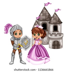 Fairy Tale Characters Set. Knight in Armor and Helmet and  Beautiful Princess in front of Old Castle  Isolated on White Background