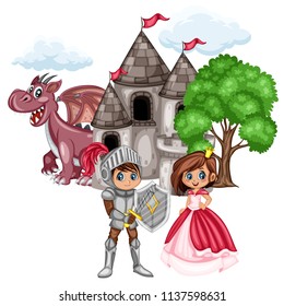 Fairy Tale Characters Set. Knight in Armor and Helmet, Beautiful Princess in Pink Dress, Dragon in front of Old Castle  Isolated on White Background
