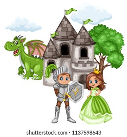 Fairy Tale Characters Set. Knight in Armor and Helmet and  Beautiful Princess in front of Old Castle with a Dragon Isolated on White Background