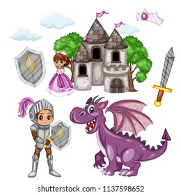 Fairy Tale Characters Set. Knight in Armor and Helmet, Beautiful Princess in Purple Dress, Dragon, Old Castle, Crown, Sword and Shield,  Isolated on White Background
