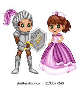 Fairy Tale Characters Set. Knight in Armor and Helmet and  Beautiful Princess in Purple Dress Isolated on White Background